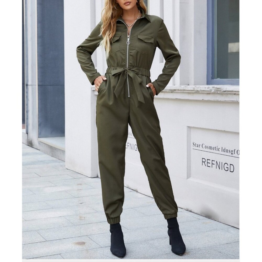 LAST ONE 🔥 Army Green Zip Front Belted Jumpsuit